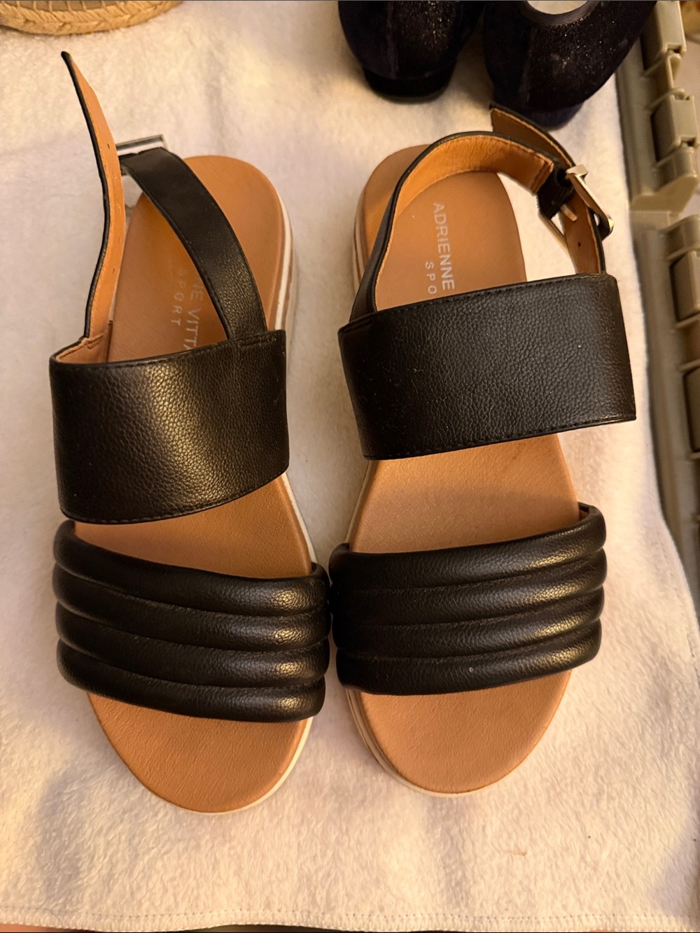 Adrienne Vittadini Black and Tan Leather Women’s Sandals